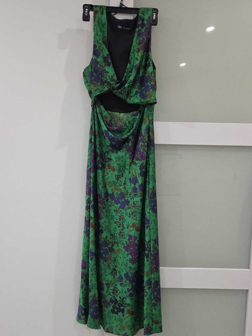 Zara Green and Purple Floral Cutout Maxi Dress with Draped Skirt New